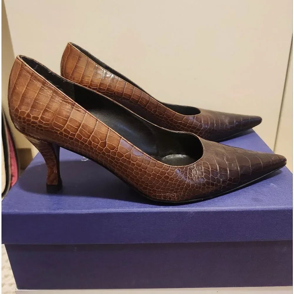 Stuart Weitzman Brown Ombre Croc Embossed Shiny Leather Pumps Sz.8 Ret.$365